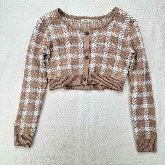 aster Sweaters - Preppy Aster Checkered Plaid Cropped Long Sleeve Knit